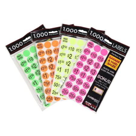 Sunburst Systems Labels Assorted Pink Yellow Orange Green Pre-Priced, 4000 Count, PK4000 7038